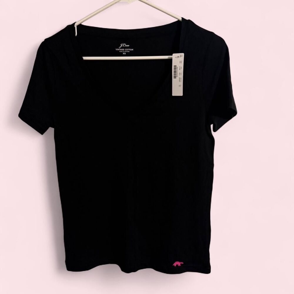 J. Crew v-neck top women XS black vintage cotton embroidered animal logo